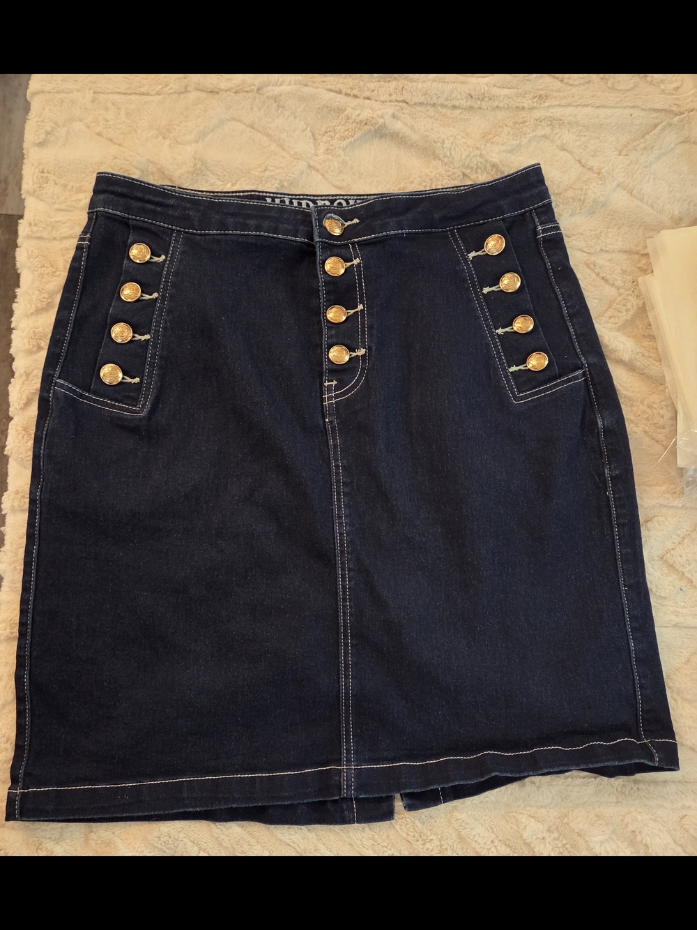Hydraulic Blue Denim Pencil Skirt with Gold Buttons Size Womans 10 High-rise Mid